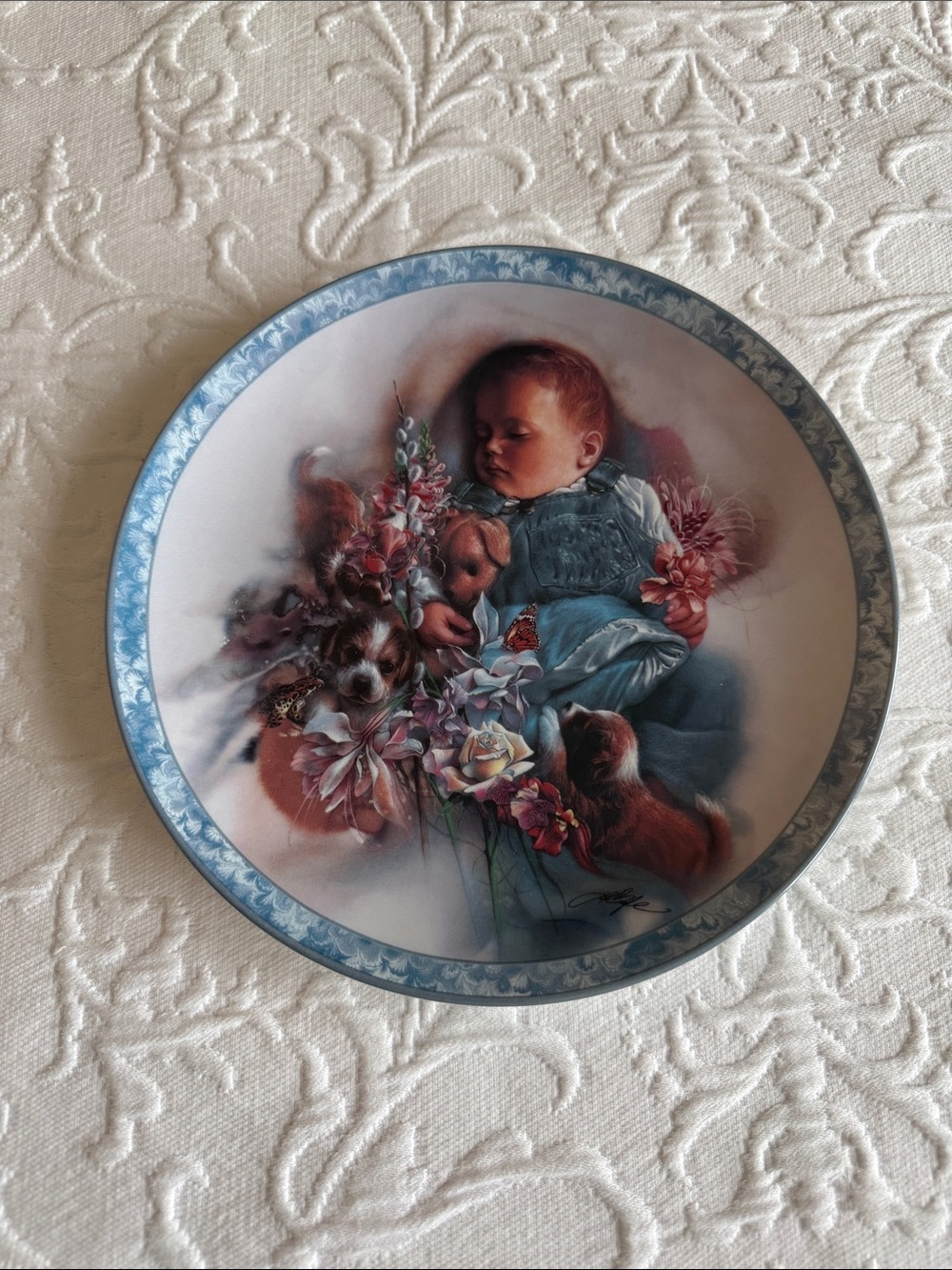 Sleeping Baby & Puppies Decorative Plate - Soft Blue and Pink Floral Scene